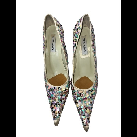 Steve Madden Mystikal Stiletto Heels 8.5 Satin Multi-Color Sequined Pointed Toe - Picture 2 of 13